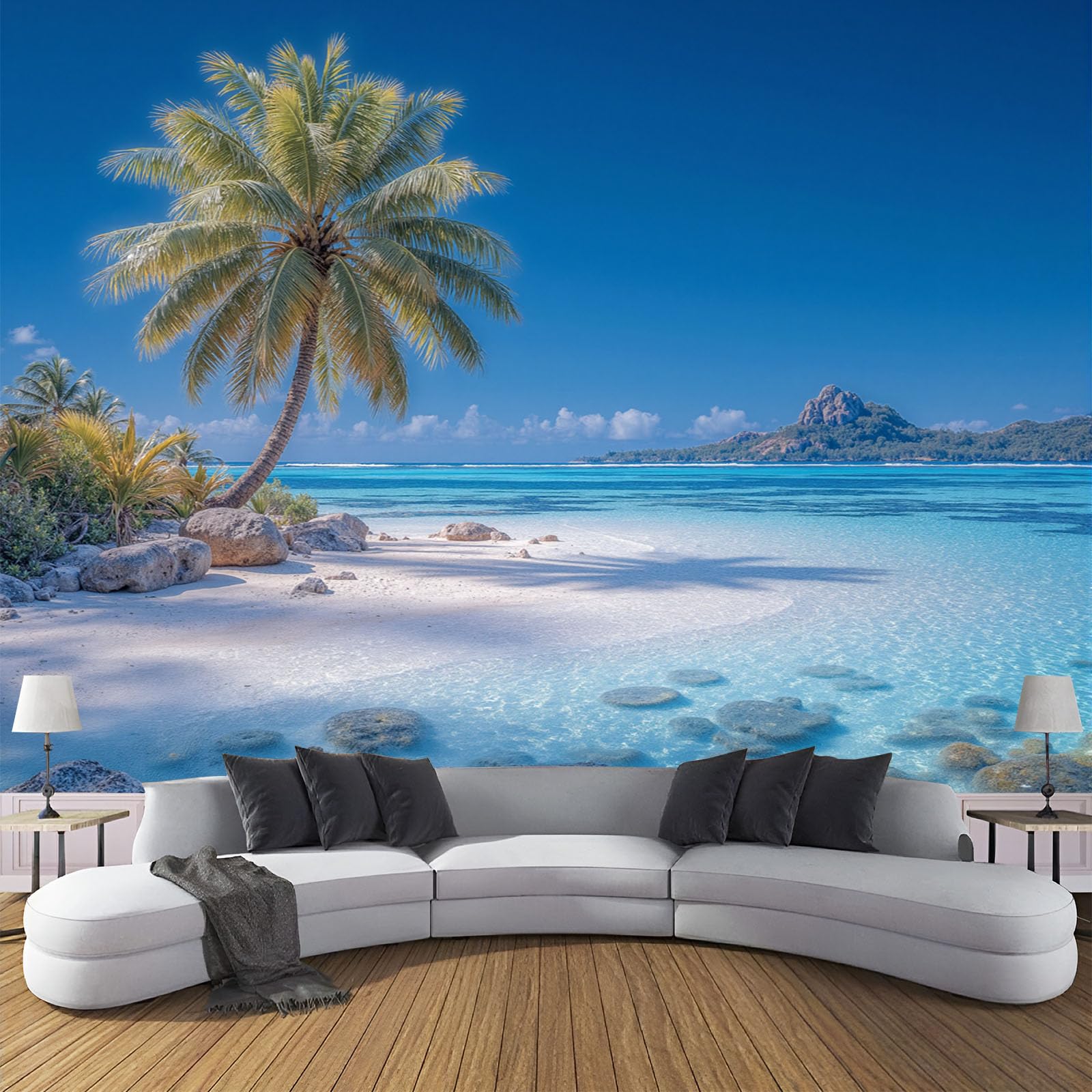 Papier peint palmiers plage 3D pour créer une ambiance d'île tropicale chez soi