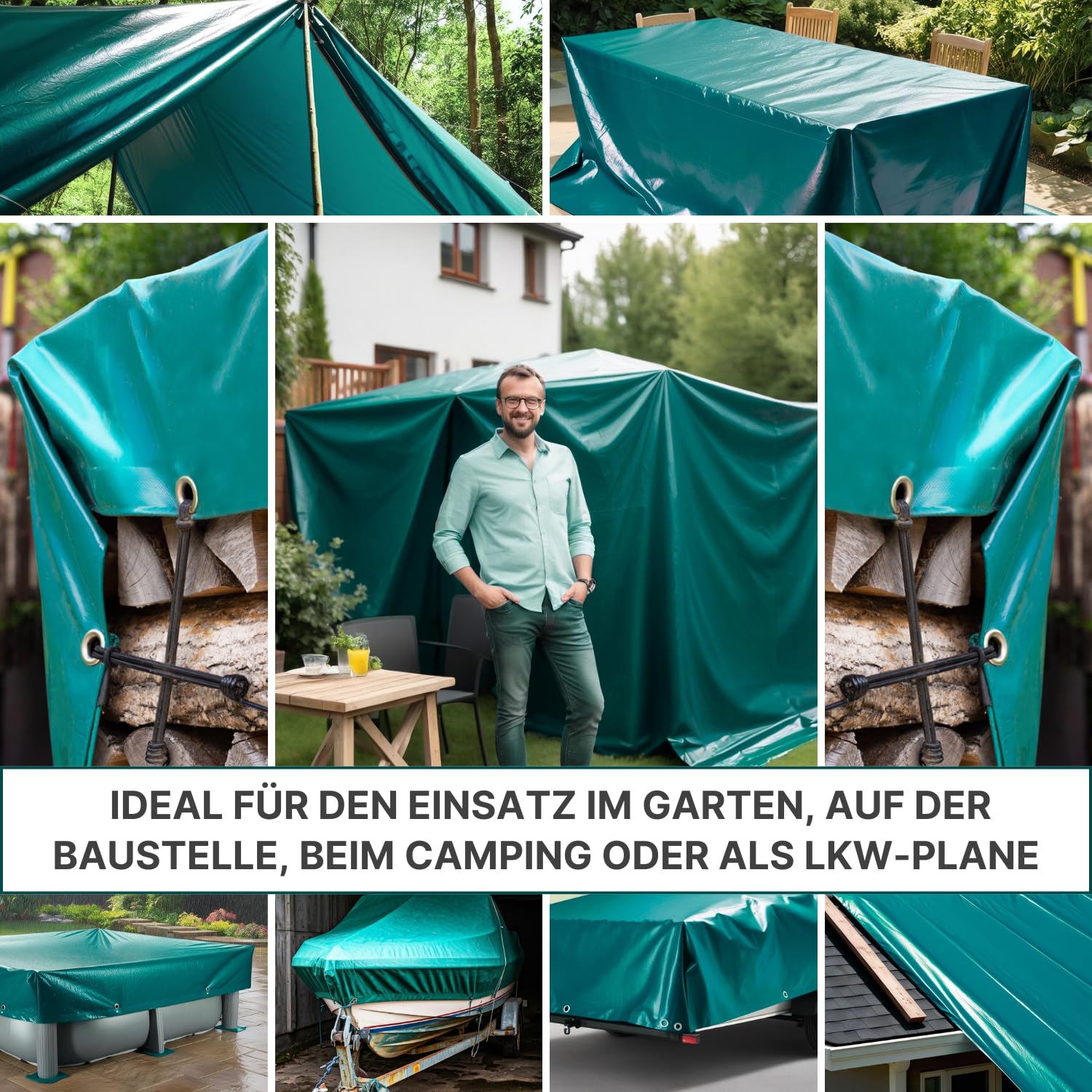 Abdeckplane 650g/m² PVC Plane 5 x 5 m grün – wasserdichte Gewebeplane mit Ösen, UV-stabil, reißfest & wetterfest – Profi Schutzplane für Gartenmöbel, Auto, Holz & BAU