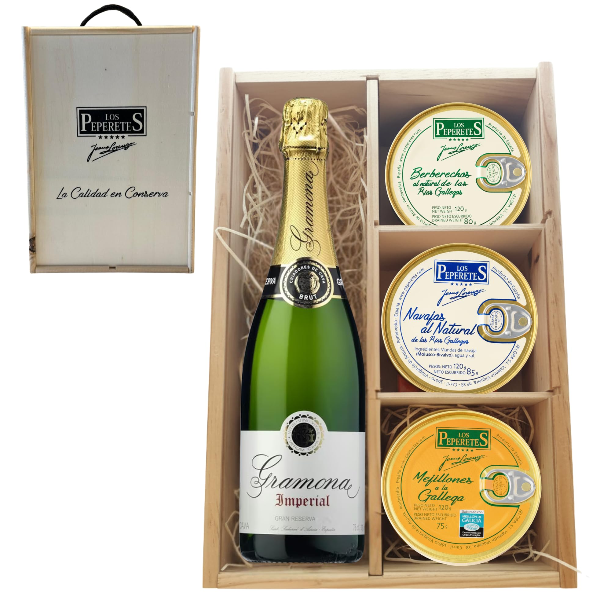 LOS PEPERETES Pack Gourmet Marisco Gallego con Cava Gramona Imperial | x2 Berberechos al Natural · x2 Navajas al Natural · x2 Mejillones a la Gallega | Estuche Lote Delicatessen Premium Latas Conserva