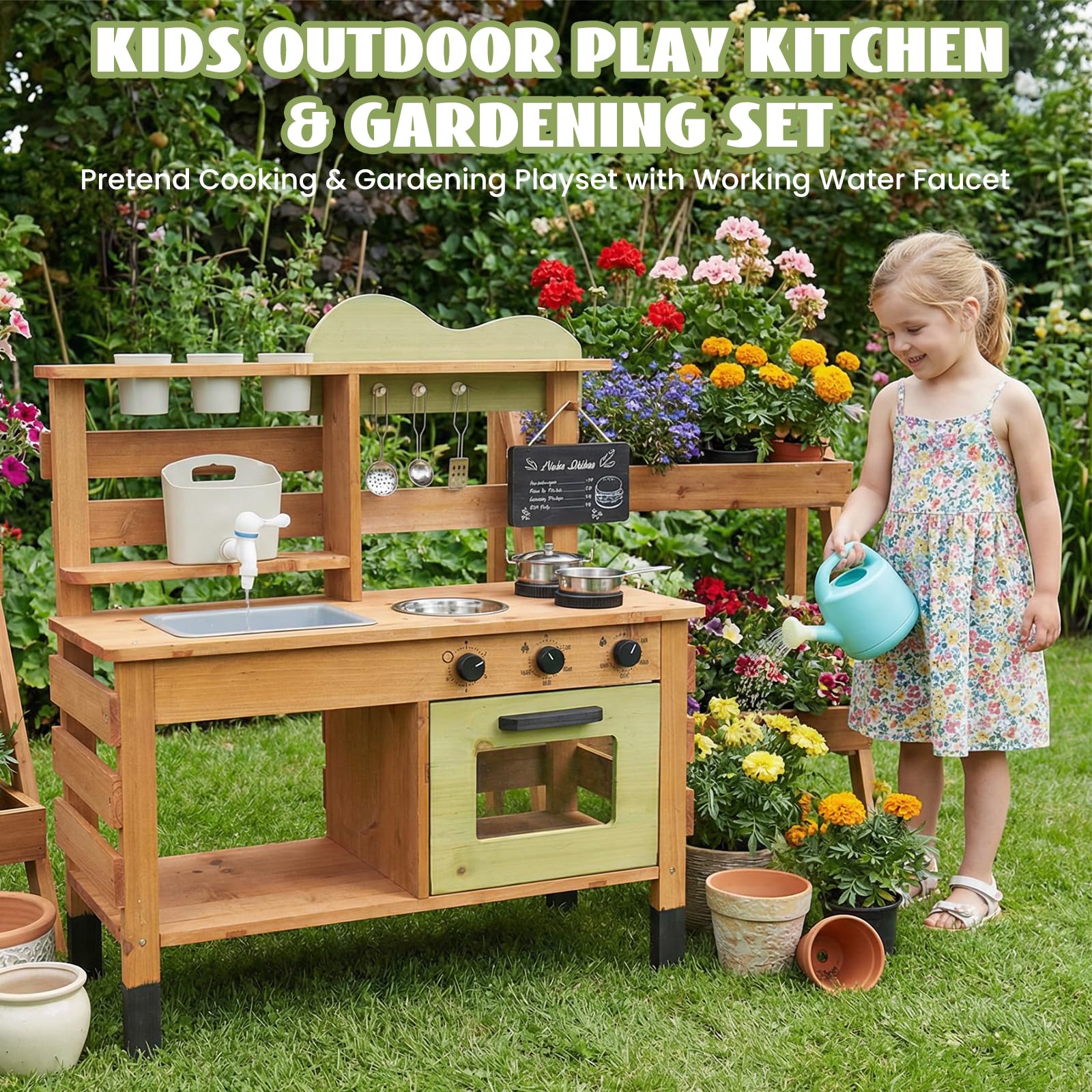 WoodenFun Cocina de juego para exteriores, cocina de jardín, cocina de barro para niños, con pizarra, hervidor de agua, fregadero, recipiente para plantas de madera, cocina infantil (verde)