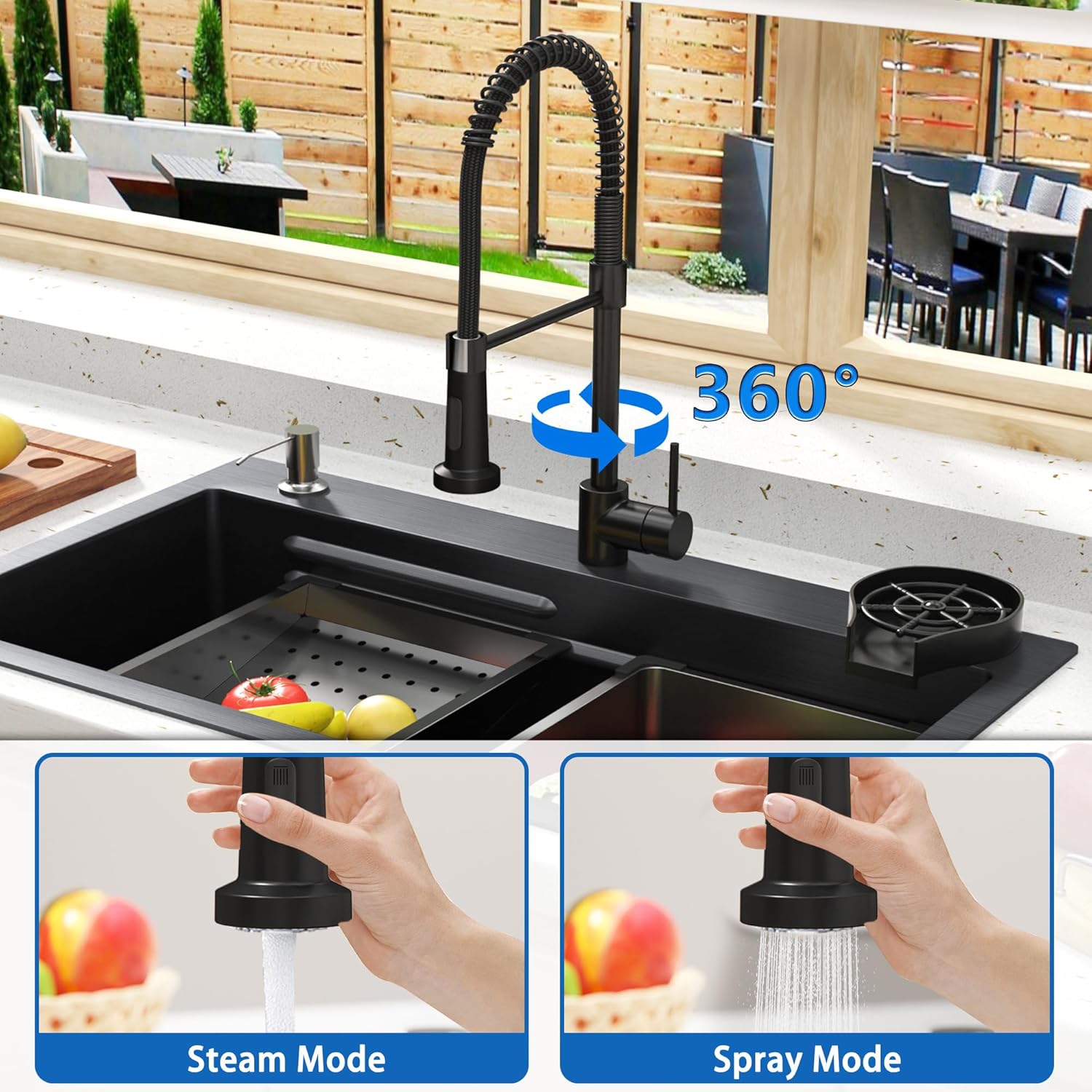 26.8 x 17.7 inch Kitchen Sink, Single Bowl Stainless Steel Multifunctional Drop In Sink Workstation Sink with Pull-Down Faucet and Multiple Accessories (Black Grey)