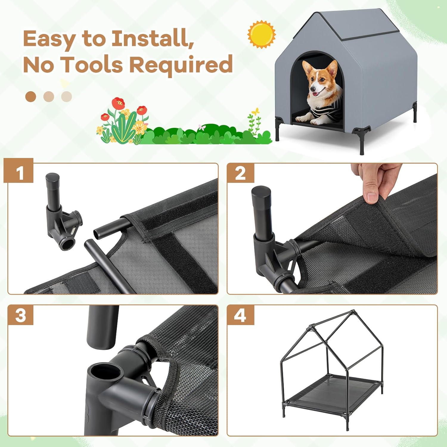 Giantex 36 inch Dog House Outdoor, Elevated Dog Bed with Weatherproof 600D Oxford Canopy, 2 Top Windows, Breathable Mesh Fabric Bed, Dog Tents Shelter Kennel, Medium Dog House, 36"L x 25"W x 34"H