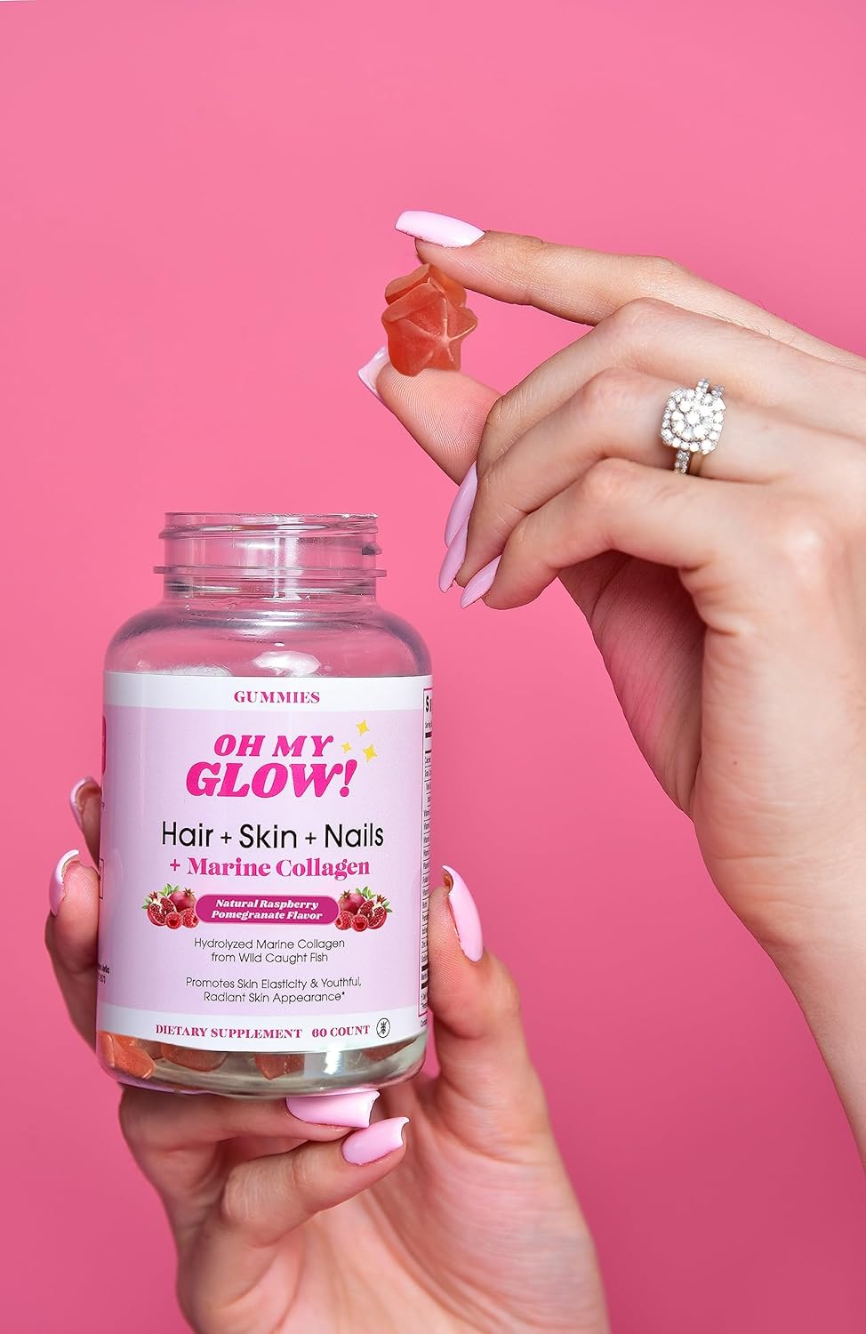 Oh My Glow! Hair, Skin & Nails + Marine Collagen – Gluten-Free, Non-GMO Gummies, Raspberry Pomegranate