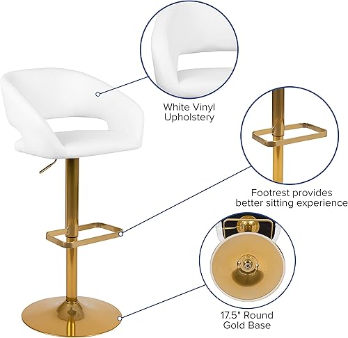 Miniatura 4 de EMMA + OLIVER Taburete de bar de vinilo blanco de altura ajustable con respaldo medio redondeado y base dorada