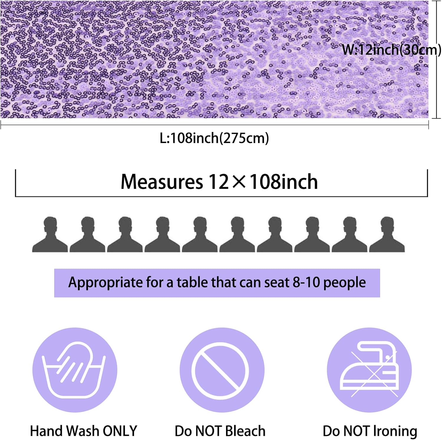 12 Packs Sequin Table Runner Glitter Dining Table Runner for Birthday Wedding Engagement Bridal Baby Shower Bachelorette Holiday Celebration Party Supplies Decorations (12" x 108", Lavender)