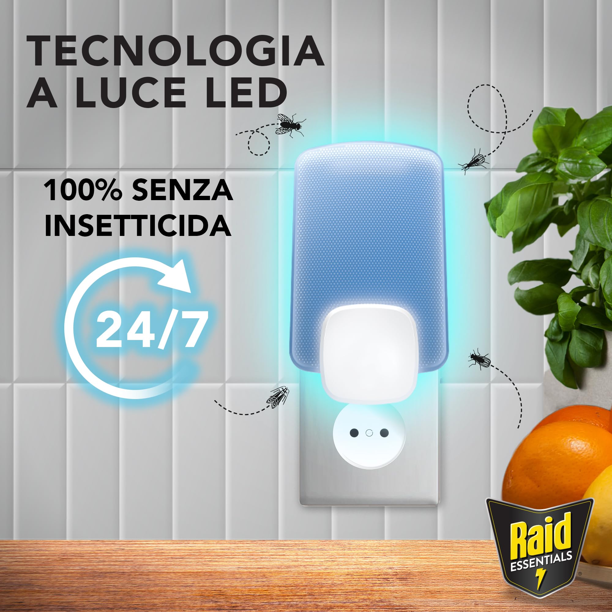 Raid Essentials Trappola Insetti Volanti Base Antimosche, Antimoscerini e Antitarme, Senza Insetticida, Protezione 24/7 dagli Insetti Volanti, per uso Interno, 1 Trappola e 1 Ricarica