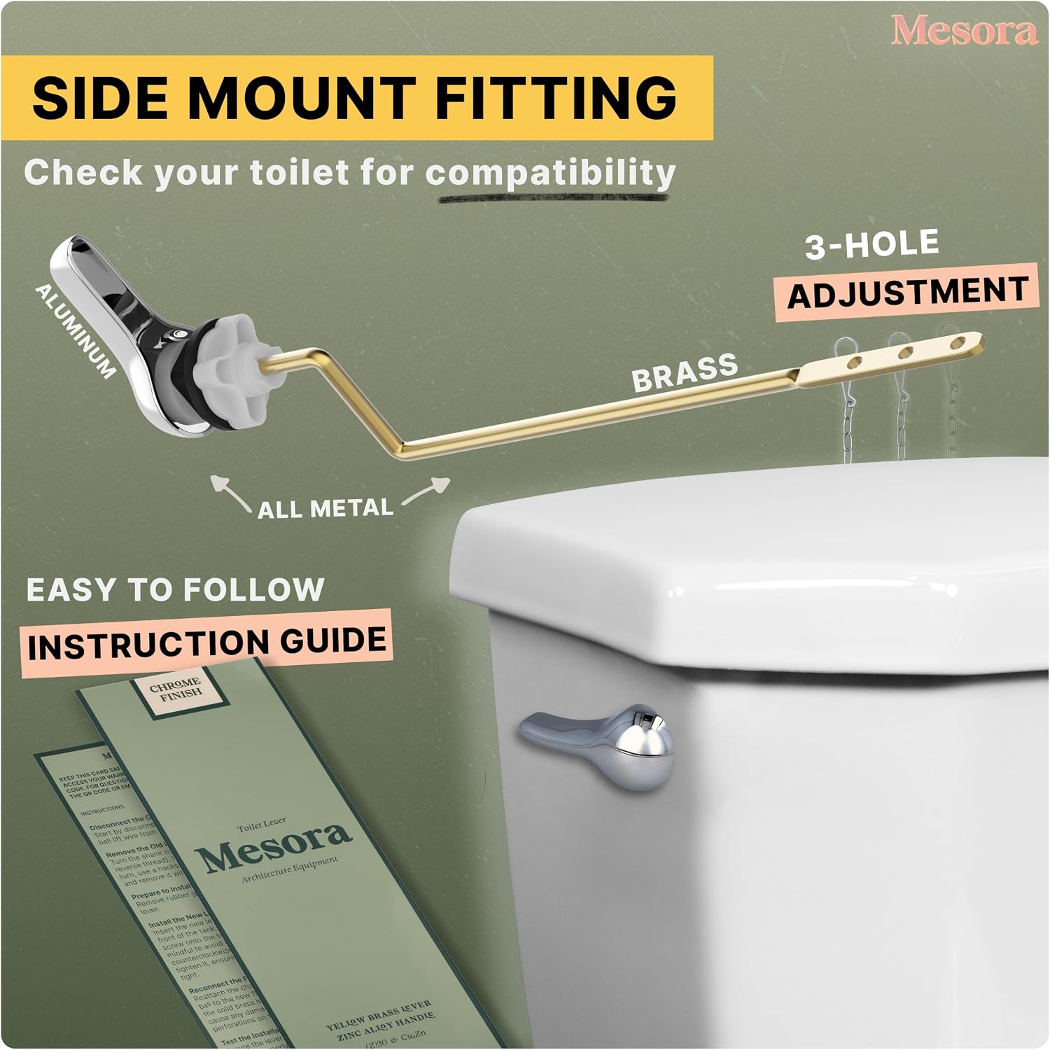 Mesora Aluminum Side Mount Toilet Handle Replacement Kit with Flapper Chain, Pure Brass and Aluminum, Universally Compatible with Most Side Mount Toilet Tanks - Chrome