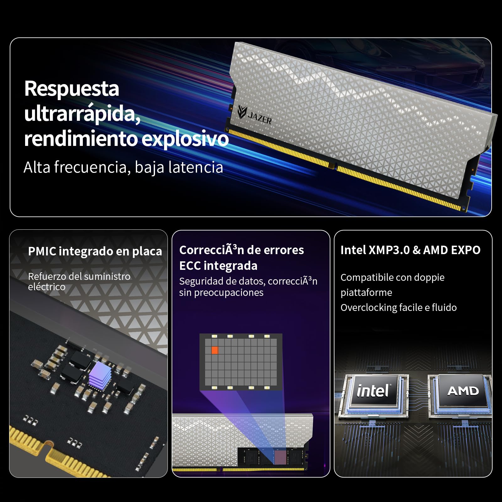 JAZER Memoria RAM DDR5 de 32GB (2 x 16GB) 6000MHz CL38, Memoria de Escritorio para PC de Juegos, DIMM de Alto Rendimiento