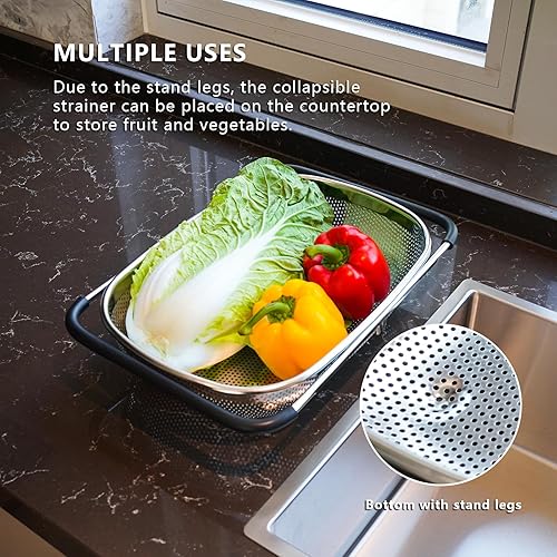 Miniatura 6 de REDANT Colador sobre el fregadero, colador expandible de acero inoxidable con malla fina para pasta, arroz, frutas y verduras, colador de cocina con