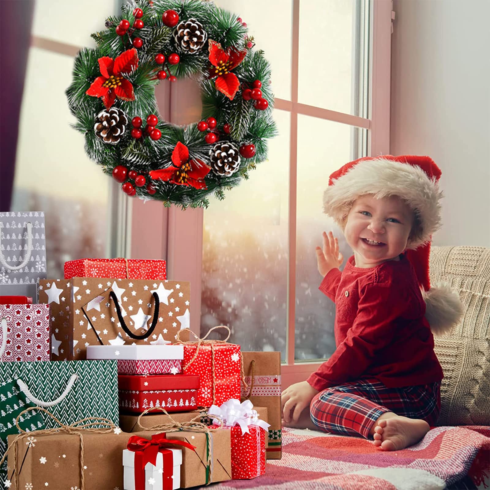 Rusopobe Ghirlanda Natale Ghirlande Invernali per Porta d'ingresso, Corona dell'Avvento Appendiabiti per Porta Finestra Cartello Benvenuto Scale Corridoio Decorazioni Set in Rattan(40cm Wreath