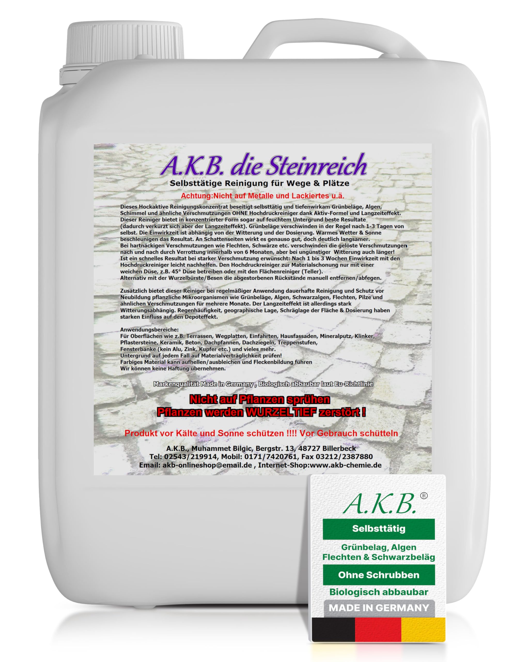 A.K.B. Steinreich - Steinreiniger Außen 2,5 Liter - Grünbelagentferner Konzentrat für selbsttätige Reinigung und saubere Wege & Plätze - Steinreiniger intensiv außen