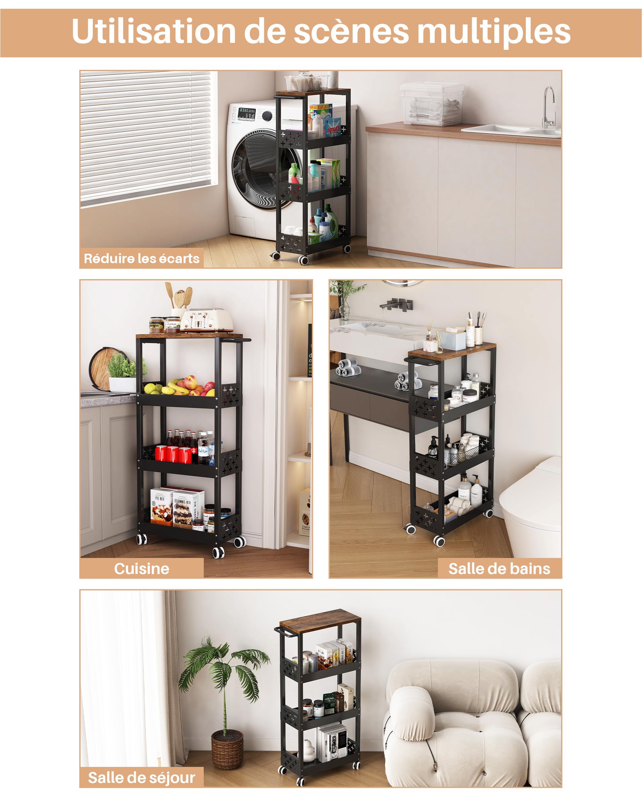 Chariot De Rangement étroit à 5 Niveaux Avec Tiroirs Coulissants - Largeur 20 Cm - Noir - Pour Cuisine, Salle De Bain, Buanderie