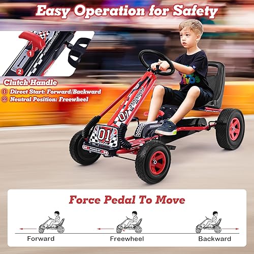 Miniatura 3 de HONEY JOY Go Kart para niños, 4 ruedas con pedal todoterreno cuádruple a pie con volantes y asiento ajustable, 2 frenos de seguridad, neumáticos