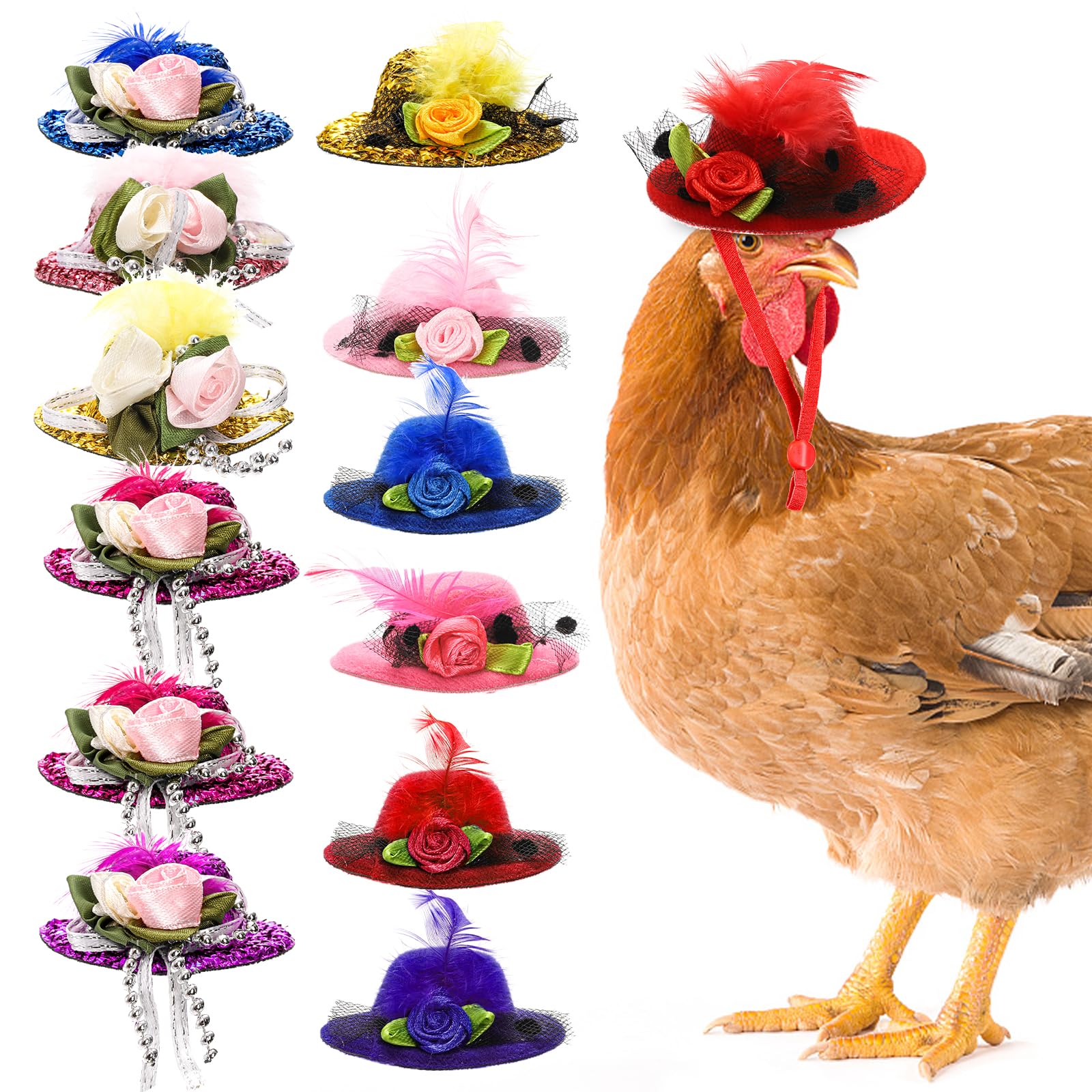 Eorbow 12 Pcs Chicken Hats for Hens, Mini Feather Top Chicken Helmet Halloween Accessories, Funny Small Hat Tiny Pet Hat, Chicken Show Costume for Rooster Duck Hamster Parrot Bird Poultry Snake