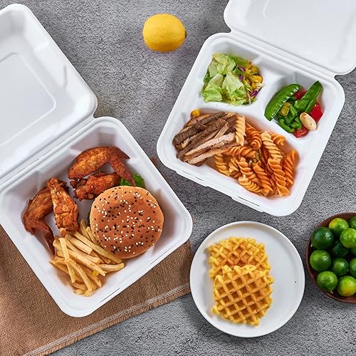 Miniatura 7 de ECOLipak Paquete de 50 recipientes de comida para llevar, 100% compostables, desechables, para llevar, 8 x 8 pulgadas, 3 compartimentos resistentes