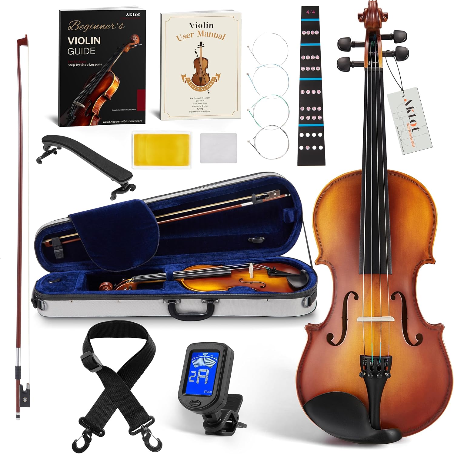 AKLOT Handcrafted Full Size Violin: 4/4 Solid Wood Fiddle, Acoustic Beginner Violin Kit with Hard Case, Lesson Book, Bow, Shoulder Rest, Extra Strings, Tuner, Fretboard Stickers (VRT-AmiCS)