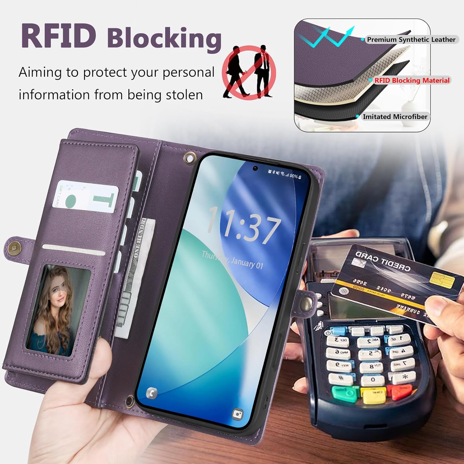 Wallet Case for Samsung Galaxy S26 with Card Holder/Crossbody Wallet/Strap| RFID Blocking | Magnetic | Kickstand | Detachable | PU Leather Phone Case for Galaxy S26,6.3 in,Purple