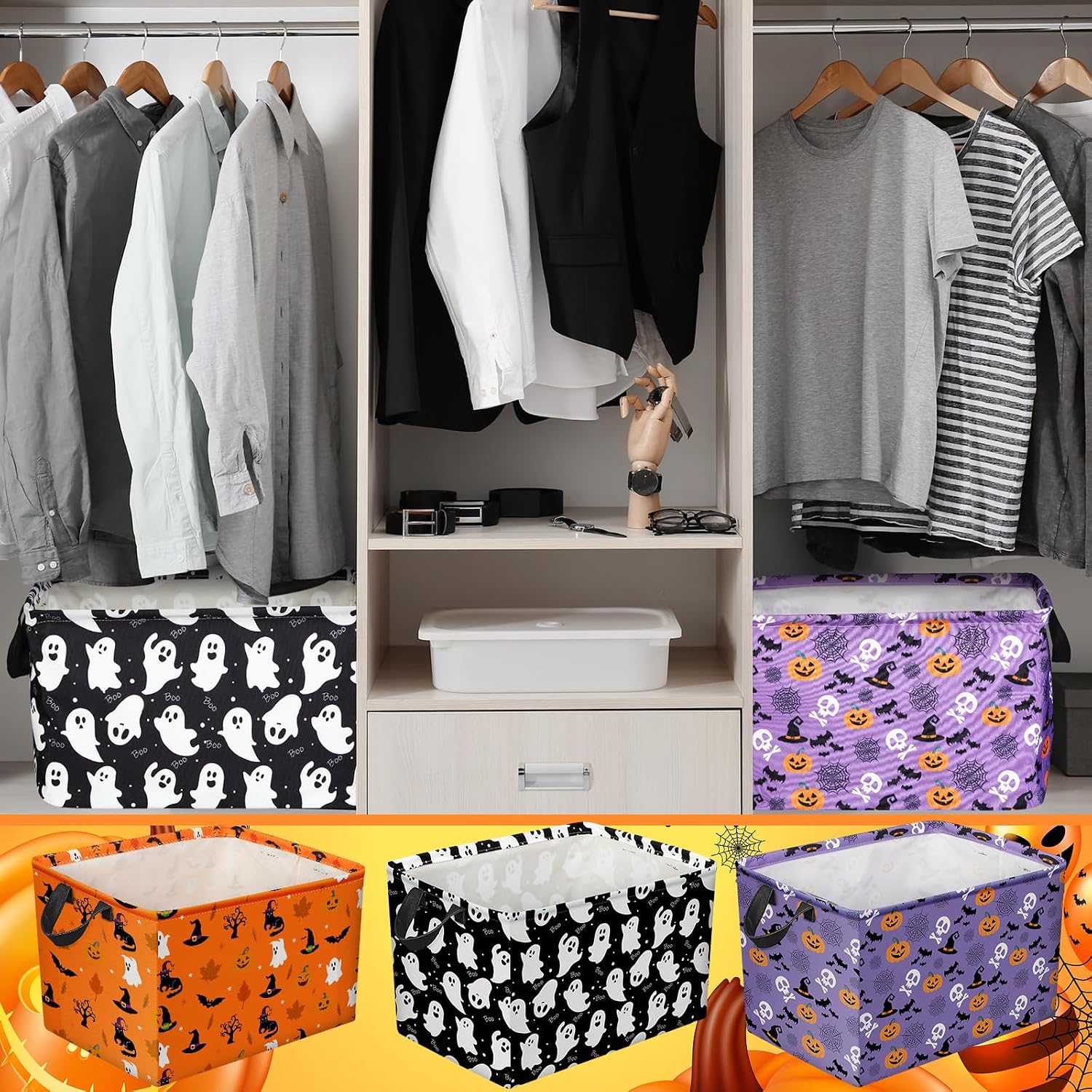 Geelin 3 Pcs Large Halloween Baskets Empty Halloween Storage Bin,Funny image 5