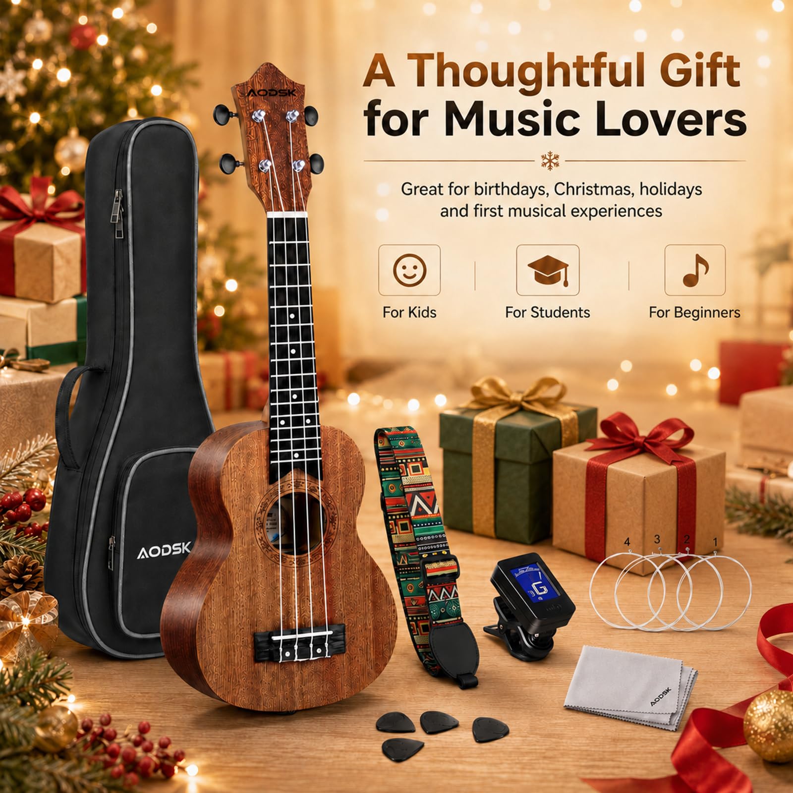 AODSK Ukulele sopranowe dla początkujących 53 cm zestaw Ukelele z torbą Gig Tuner nylonowy sznurek 4 kostki tkanina lekcja online prezent świąteczny