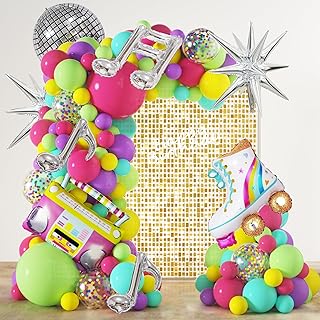 80s 90s Party Decorations, JOGAMS 167Pcs Neon Balloons Arch Kit with Confetti Roller Skate Radio Music Note Star Disco Ball Balloons for 90s 80s Hip Hop Rock Theme Birthday Photo Props Prom Party
