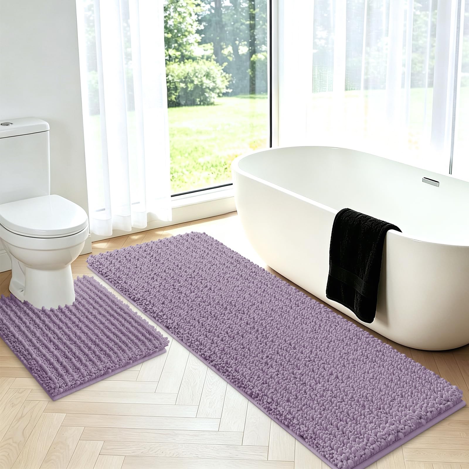 Upgrade Luxury 2 Piece Lavender Toilet Bathroom Rug Mat U Shape 24"x20"+48"x20", Ultra Soft Thick Absorbent Bath Mats, Non Slip Chenille Toilet Mat for Bathroom, Bedroom, Kitchen, Shower, Tub