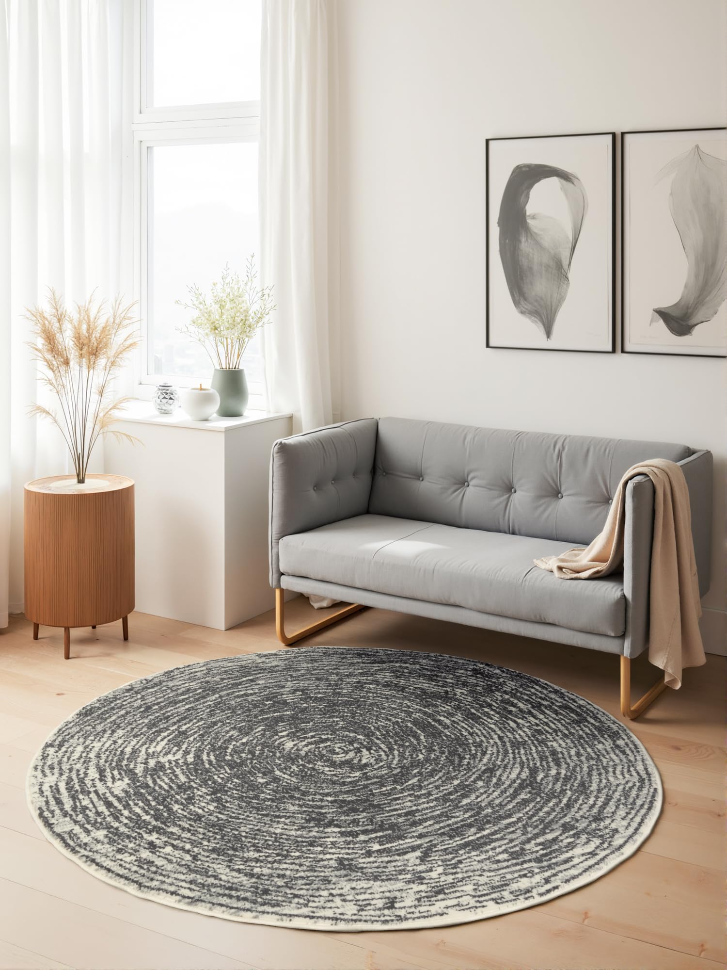 Hanse Home Cavallo Tapis Rond à Poils Courts – Tapis de Salon, Moderne, à Poils Courts et Doux et Design Abstrait pour Salon, Chambre à Coucher, Salle à Manger, Couloir – Gris crème, diamètre 160 cm