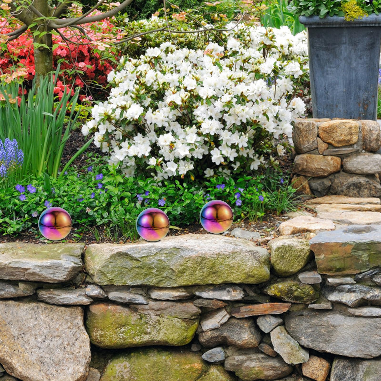 Tofficu Set 5 Sfere da Giardino in Acciaio Inossidabile Riflettenti, Palline Rotonde Lucide per Decorazione Esterni e Centrotavola di Stile Chic