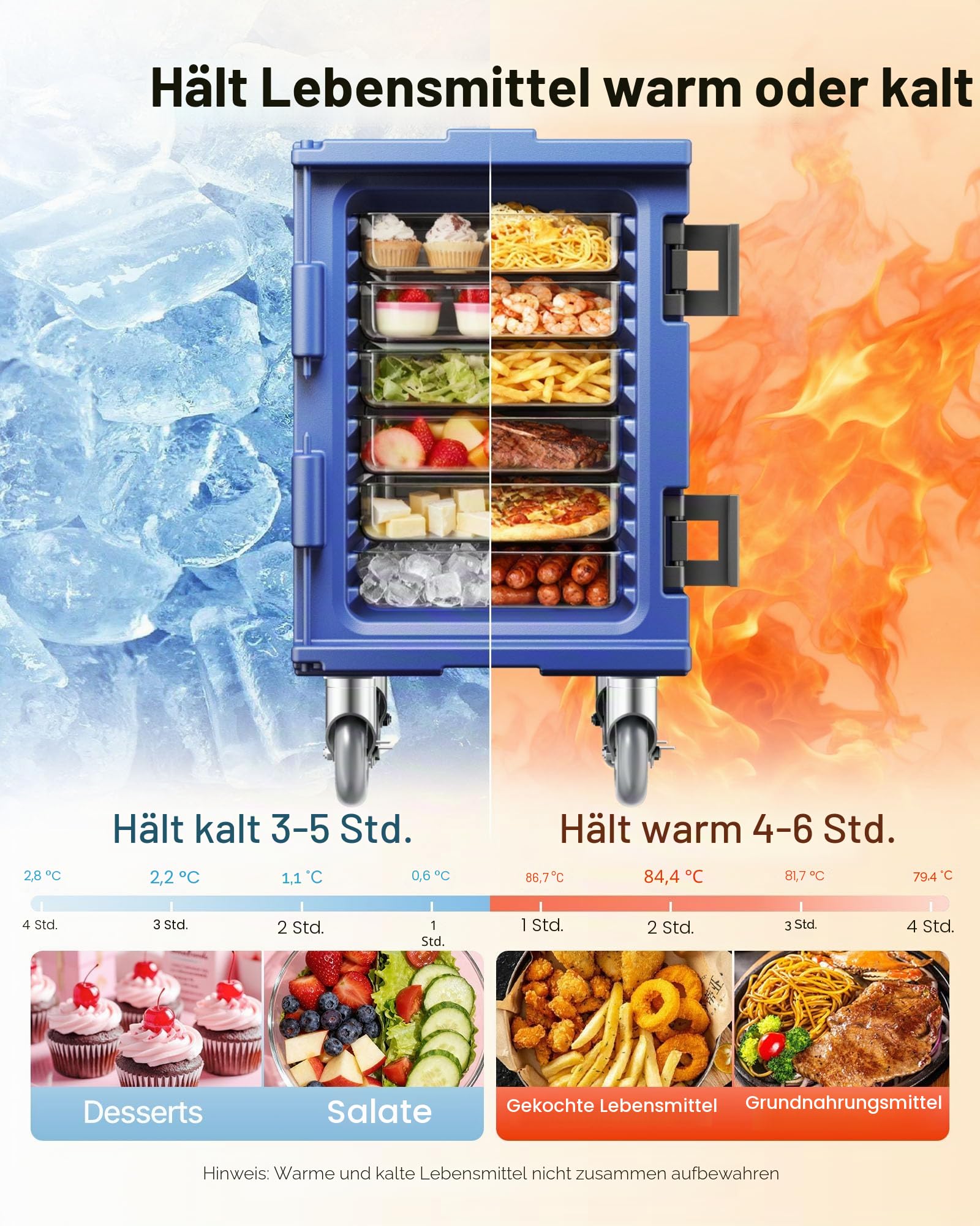 VEVOR Isolierter Lebensmittelbehälterträger, 90 L Gastronomie-Thermobox, LLDPE-Lebensmittelbehälterträger mit Einteiliger Schnalle, Frontlader mit Griffen, Geeignet für Restaurant, Kantine usw. Blau