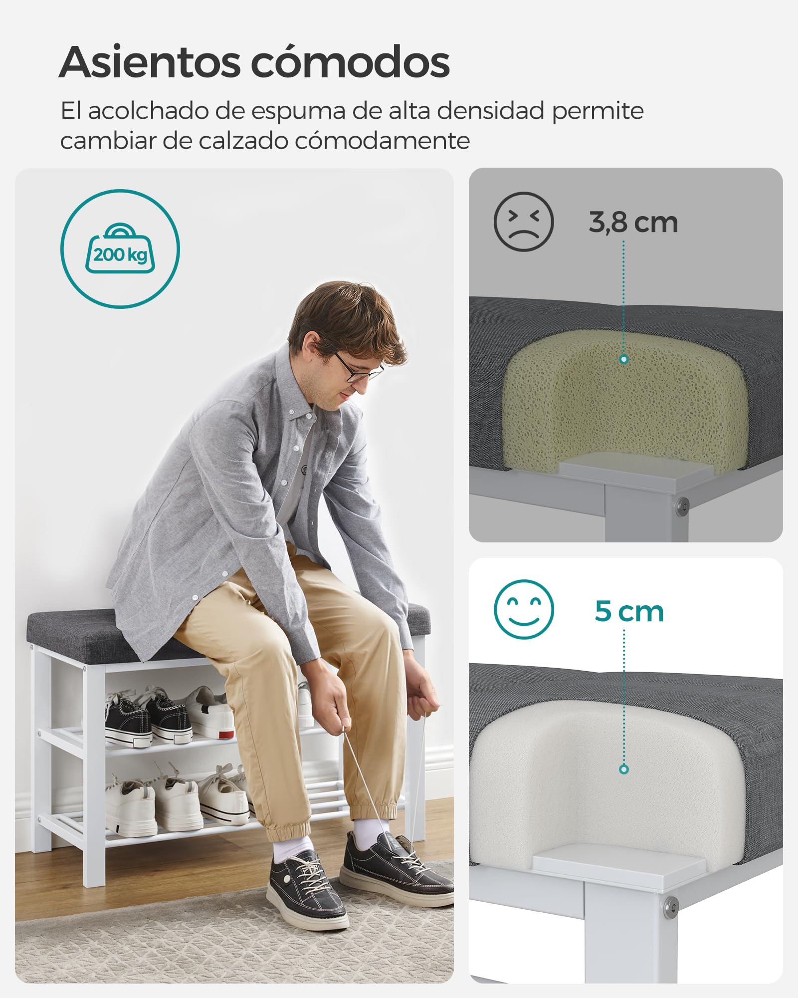 SONGMICS Banco Zapatero, Zapatero de 3 Niveles, Organizador Zapatos con Asiento Acolchado de Espuma, Lino, Marco de Metal, para Sala de Estar, Pasillo, 31 x 81 x 49 cm, Blanco y Gris LBS057W03