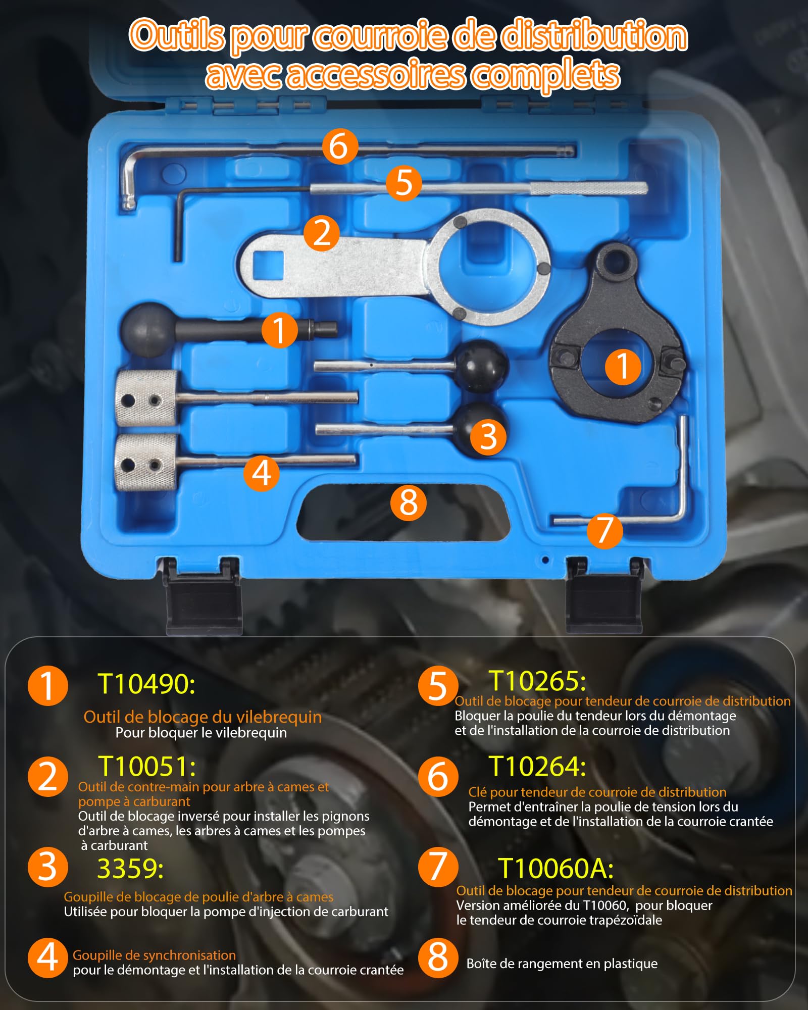Kit d'outils de blocage de courroie de distribution compatible avec VW, Audi, Seat Skoda 1.4 1.6 2.0 TDI EA288 | Kit de courroie de distribution T10264 T10265 T10490 T10060A T10051 3359 Kit d'outils de réglage du moteur avec gants