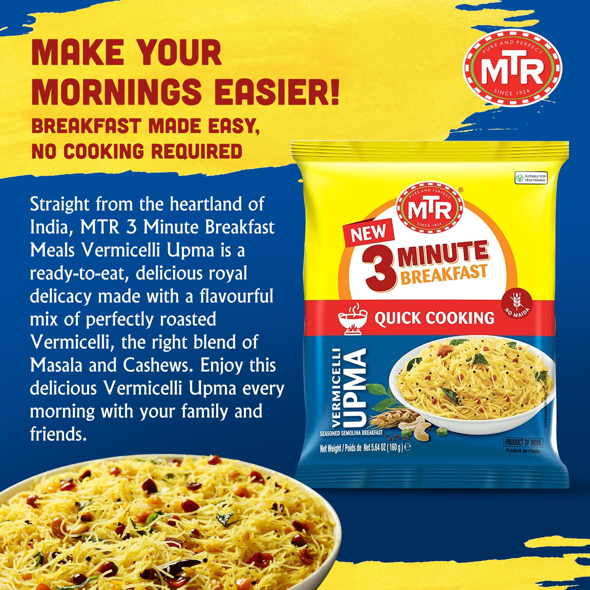 MTR 3minute Seviyan Vermicelli Upma - Ready-to-Cook Mix - Authentic Indian Food in Just 3 Minutes - 100% Vegetarian - No Added Preservatives - Just Add Hot Water - Quick & Easy (Seviyan Vermicelli Upma - 160g, Pack of 6)