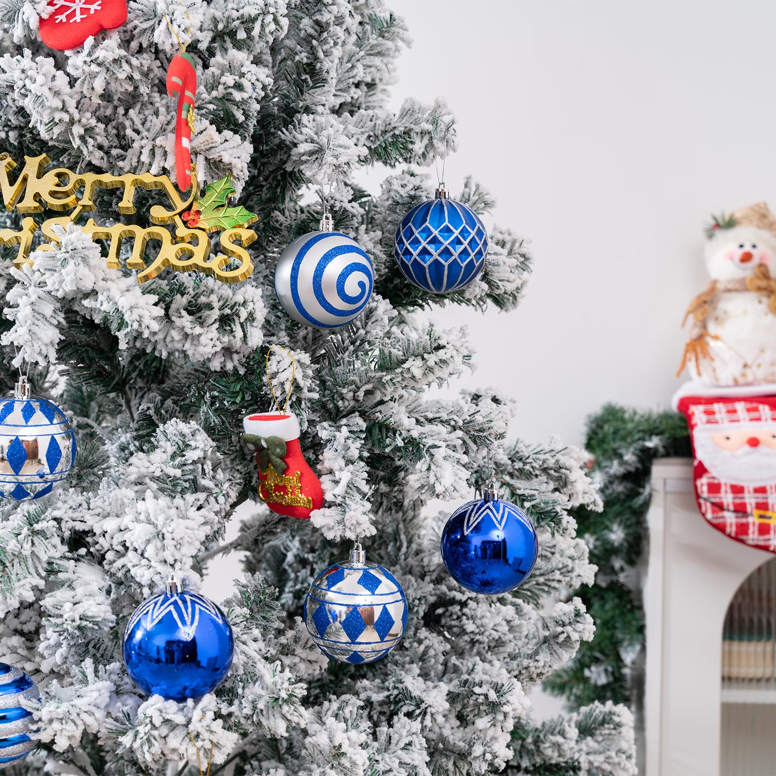 16 blaue und silberne Weihnachtsschmuck, 80 mm, große Weihnachtskugeln mit künstlerischer Malerei, bruchsichere Kunststoff-Hängeornamente für Weihnachten/Festival/Party (Blau und Silber)