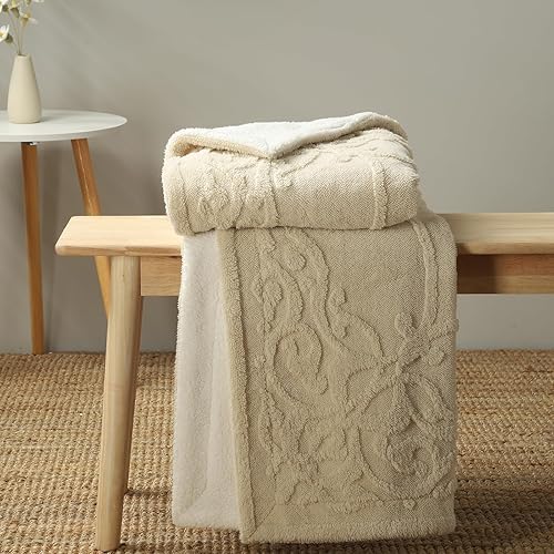 Amélie Home Manta Sherpa para sofá, patrón jacquard 3D damasco y reverso de sherpa suave, manta decorativa de forro polar grueso y cálido para sofá