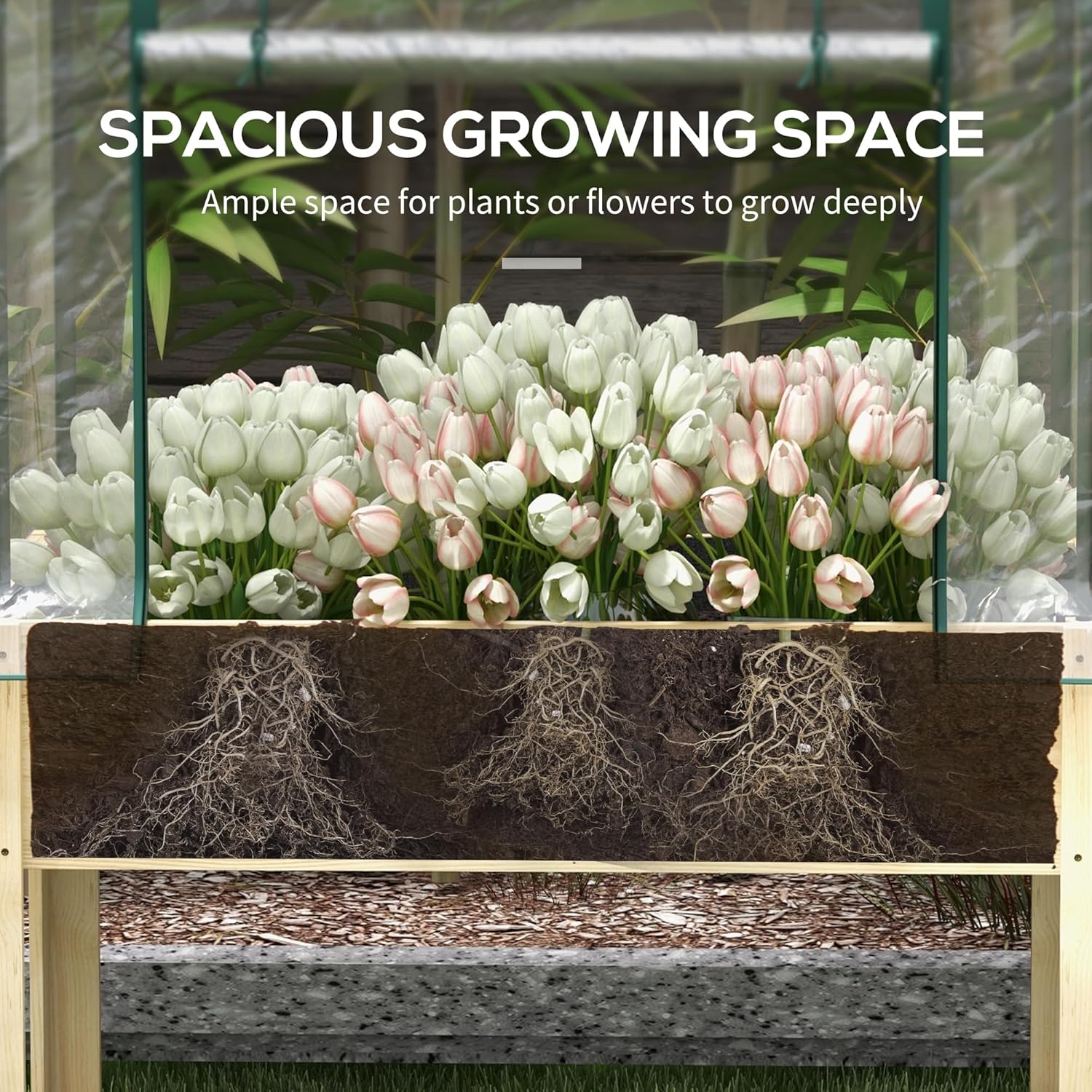 Outsunny Raised Garden Bed with Plastic Greenhouse Cover and Bed Liner, Outdoor Elevated Wood Planter Box for Herbs and Vegetables, Use for Patio, Backyard, Balcony, 45 x 24 x 65 inch, Natural