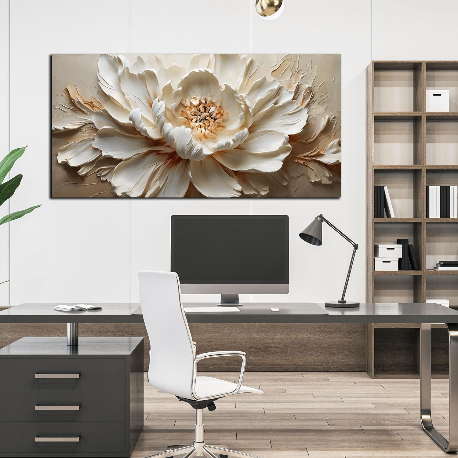 Flower Painting Wall Decor White Canvas Wall Art for Office Women,Teen Room Decor for Girls,Dining Room Art Wall Decor 24 x 48 Inch