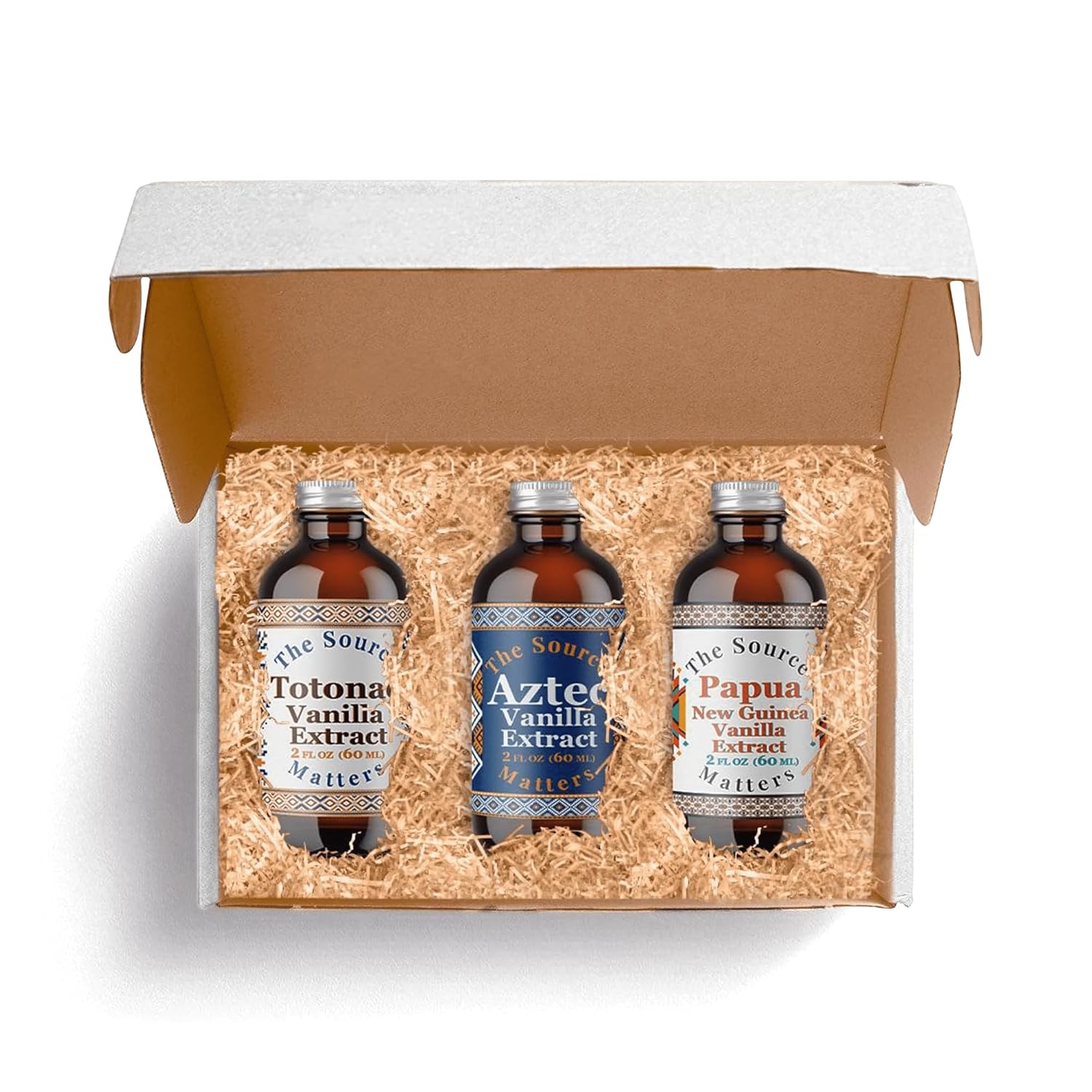 Vanilla Extract Trio Gift Box by The Source Matters | Totonac, Aztec & Papua New Guinea Vanilla | 3 Unique Flavors | Perfect Gift for Bakers, Chefs & Culinary Enthusiasts (3 x 2 oz Bottles)