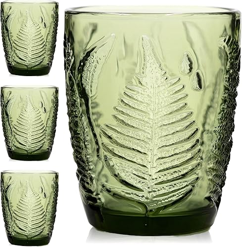 Juego de vasos vintage para beber de 4 a 10 onzas con textura verde, lindo cristalería verde para el hogar y el bar, vasos de estilo retro en