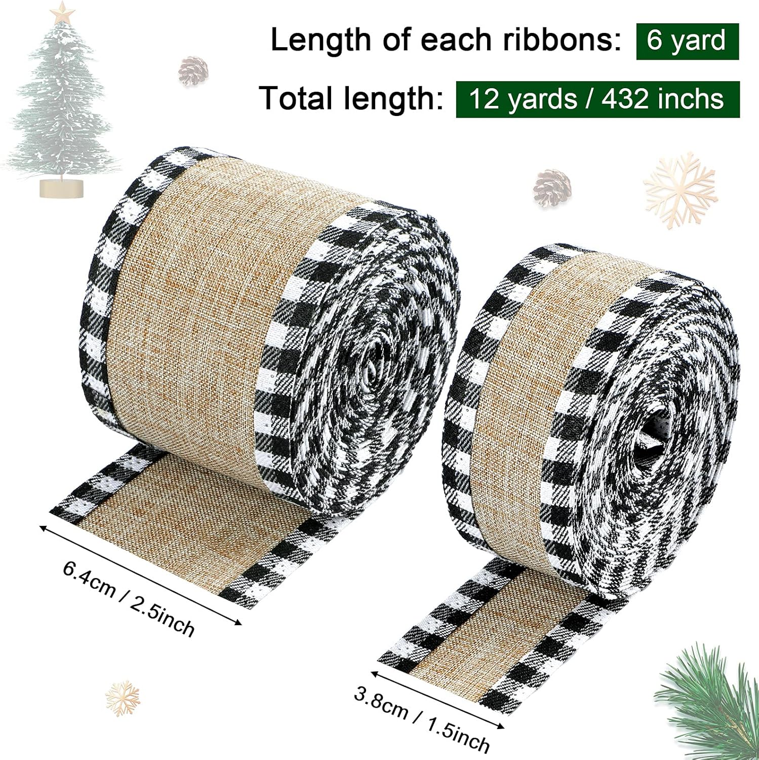 2 Rolls Buffalo Plaid Wired Edge Ribbons Christmas Burlap Fabric Craft Ribbon Natural Wrapping Ribbon Rolls with Checkered Edge (Black and White, 1.5 x 216 Inch, 2.5 x 216 Inch) : Arts, Crafts & Sewing