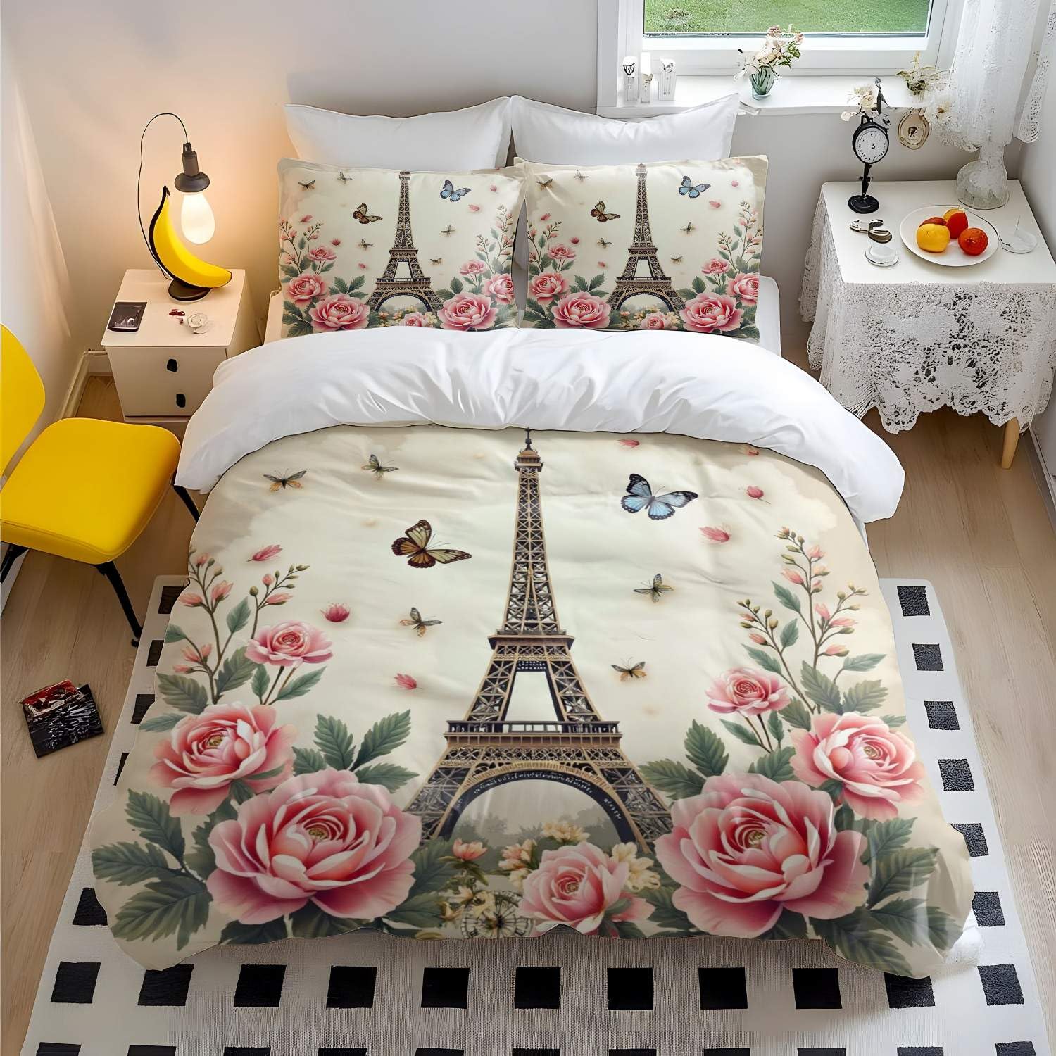 Housse de couette motif floral et papillon style campagnard parure de lit 3 pièces
