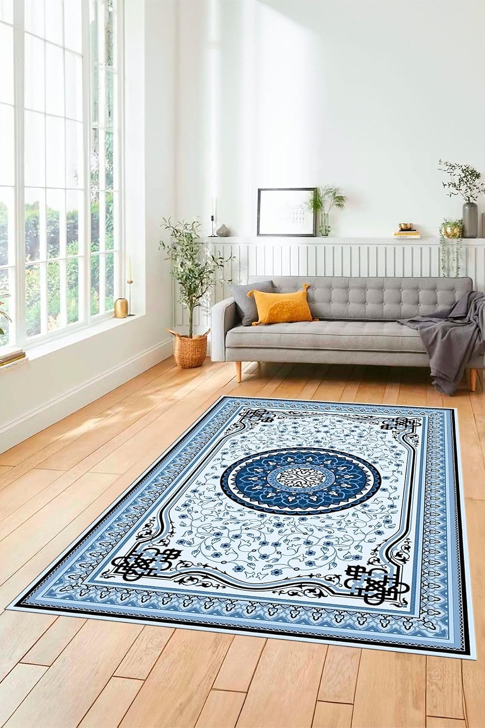 Göbekli Klasik Desen Dijital Kaymaz Taban Yıkanabilir Yolluk Mutfak Salon Halısı KLASİK-18, Mavi, 160 x 230