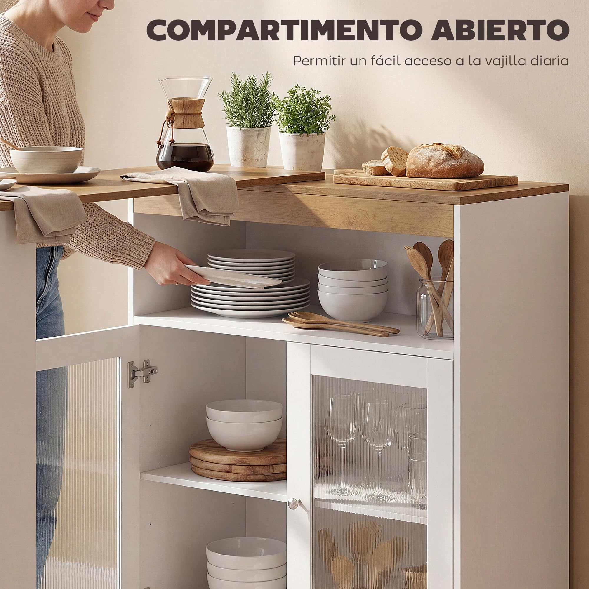 HOMCOM Mesa de Bar Extensible y Giratoria 90°, Mesa Alta Cocina con Estantes Abiertos y 2 Puertas de Vidrio para Comedor, 150x80x105,5 cm, Blanco y Natural