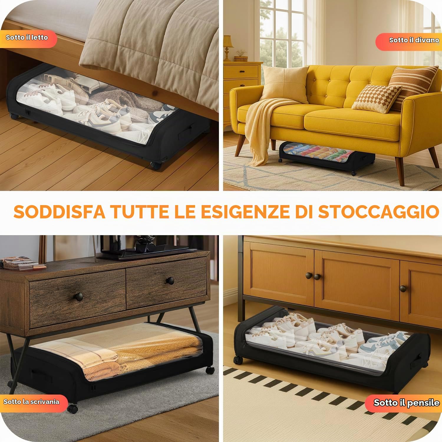 3 Pezzi Contenitore Sottoletto Con Ruote, Contenitori Sottoletto Con Quattro Rotelle Girevoli A 360° Organizer Sotto Letto Contenitore Vestiti Telaio In Metallo Per Asciugamani, Vestiti (Nero)