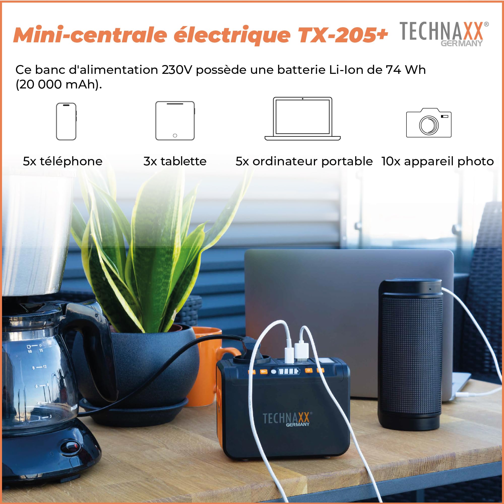 Technaxx Mini Station d'Énergie Portable 74Wh 80W avec Prise 230V, USB-C PD 18W, 4 ×USB-A QC3.0, Sortie DC, Lampe LED, Compatible Recharge Solaire, Générateur Camping – Modèle Mis à Jour 2026 TX-205+