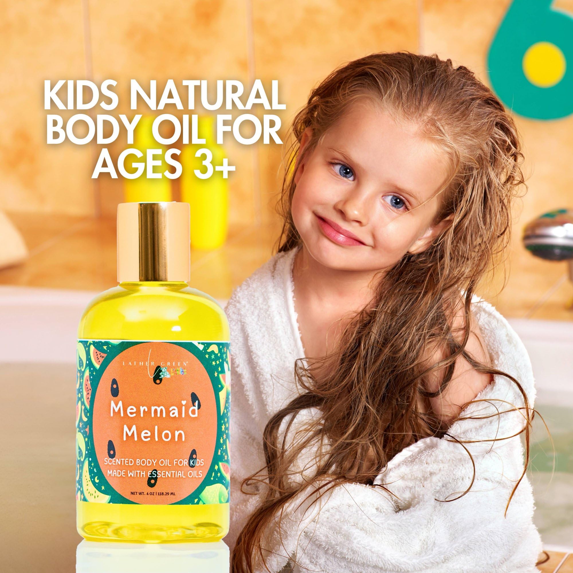 Lather Green - Mermaid Melon Kids Body Oil, Lightweight Moisturizer with Jojoba Oil, Naturally Scented, Non-Greasy, Paraben-Free, Gentle Hydration for Delicate Skin, 4 oz