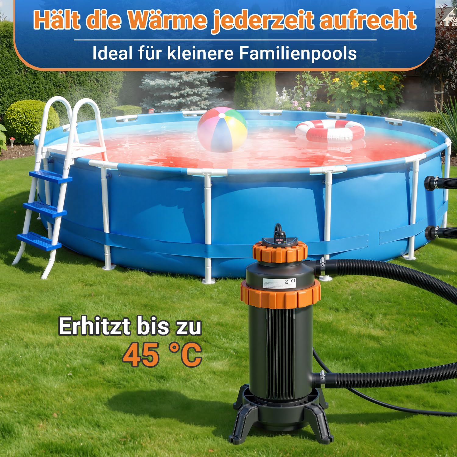 Calefacción para piscina de agua caliente, diámetro de 17 x 42 cm, con pantalla digital y conservación automática del calor, conexión de 32 a 38 mm