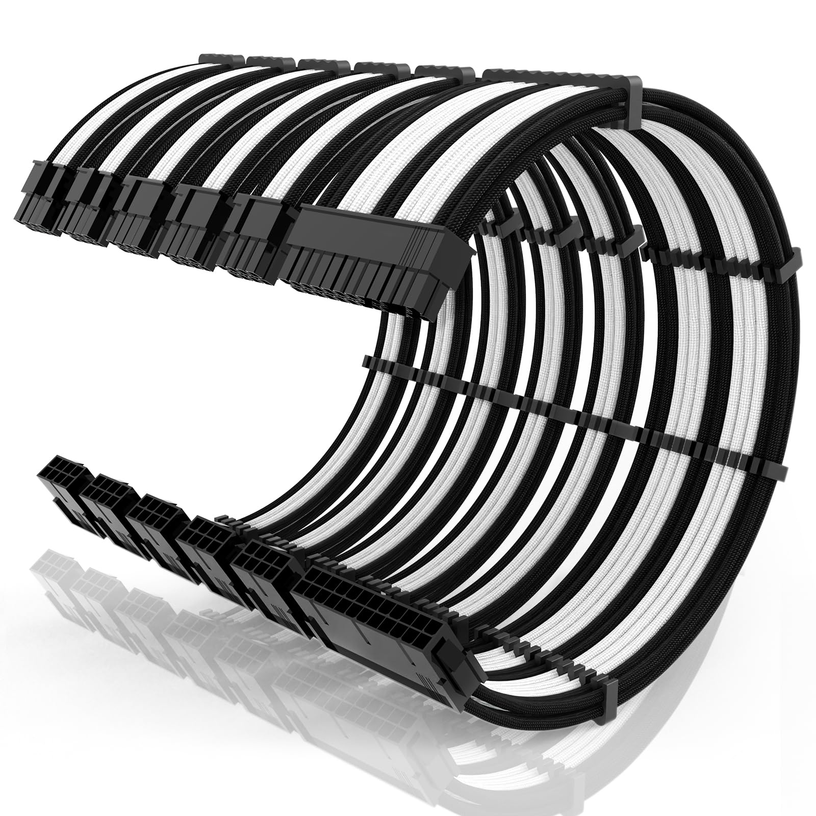 16AWG PSU Cable Extension Kit with Cable Combs,1x24pin ATX/2x8pin(4+4) EPS/3x8pin(6+2) PC Sleeved Cables 30cm Length,Power Supply Extension Cable Kit(Black/White) 6-PACK Black/White