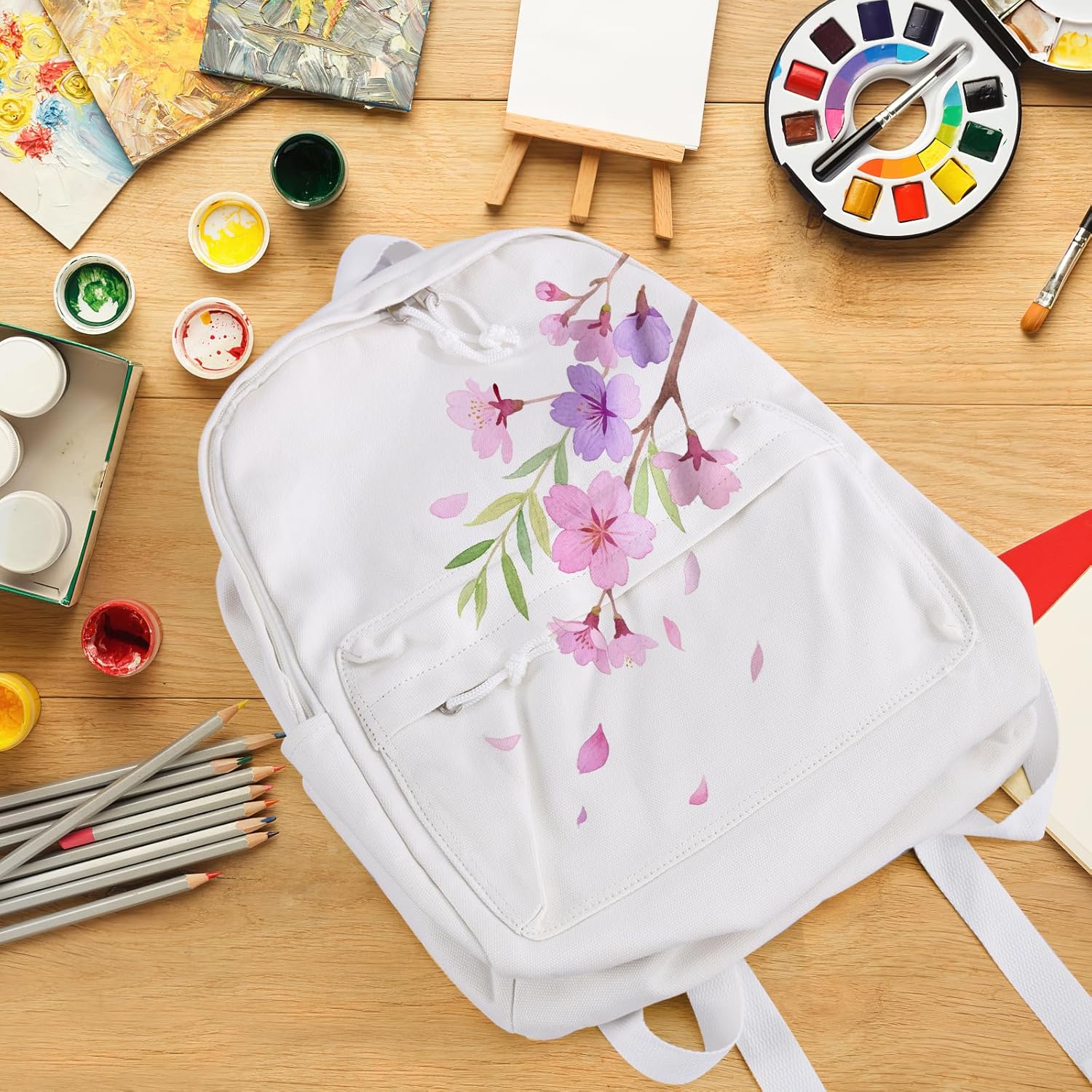 Zicac Diy Canvas Backpack Daypack Satchel Backpack (White, with Side Pocket) - Image 2