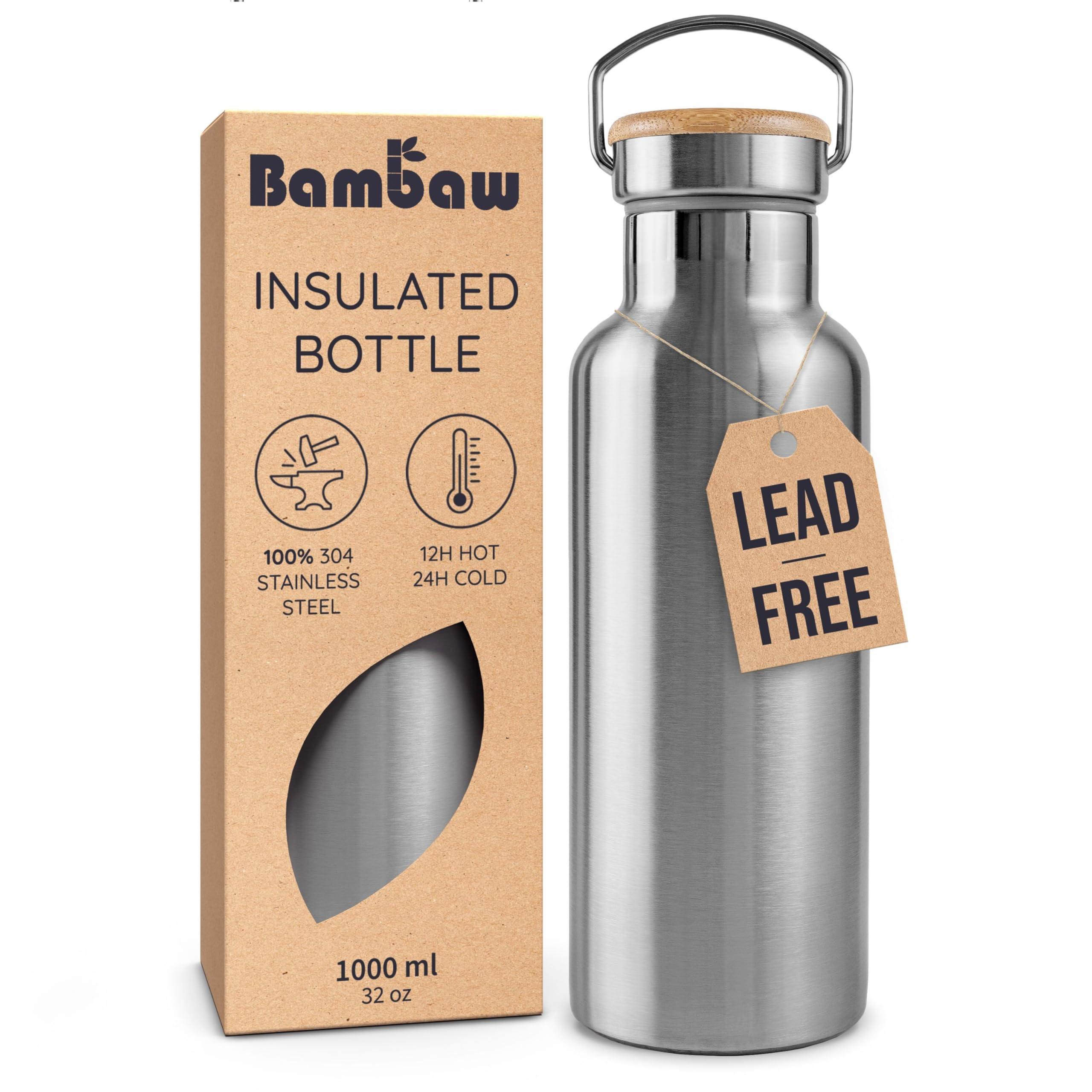 Bambaw Stainless Steel Water Bottle 1000 ml | Thermos Flask | Insulated Flask | Eco Flask | Reusable Water Bottle | Stainless Steel Bottle without Plastic