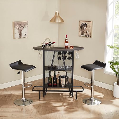Miniatura 7 de VECELO Unidad de bar con malla de metal frontal, mesa de vino de 3 niveles con soporte para vasos, gabinete de licor para el hogar con