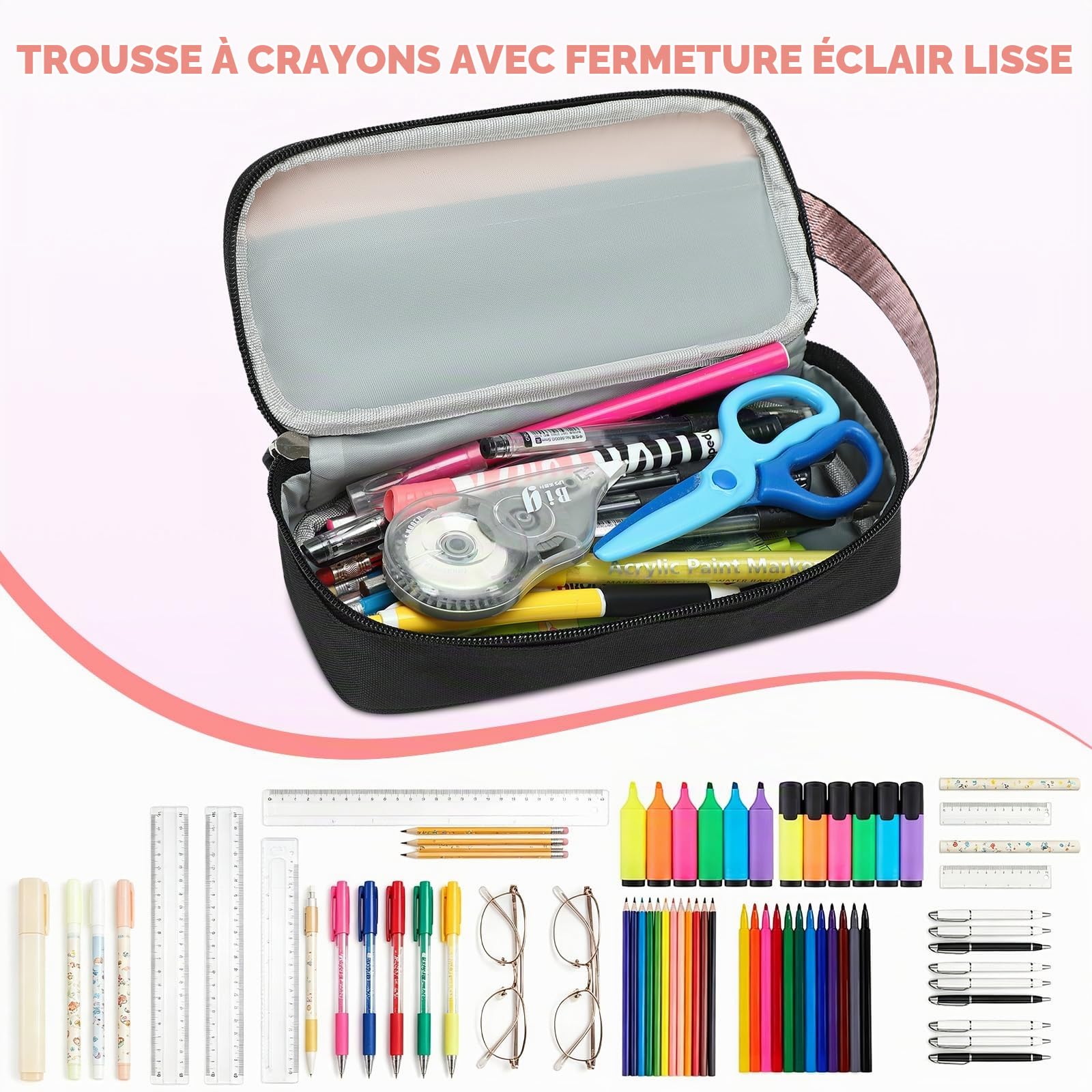 Ensemble Cartable Fille Primaire Collège 2 Pièces, Noir-Rose, 25L
